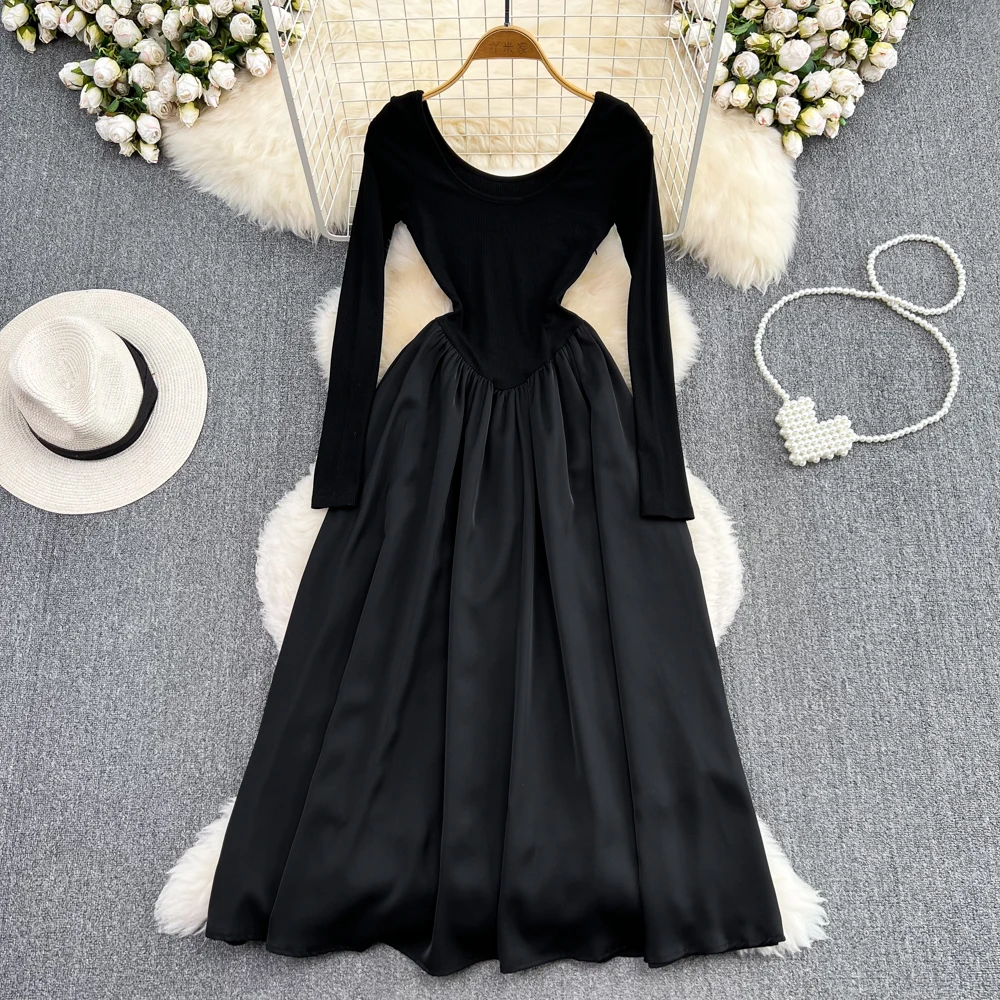 

French Hepburn Style Square Neck Long Sleeved Waistband A-line Large Swing Fluffy Dress Elegant Temperament Long Skirt