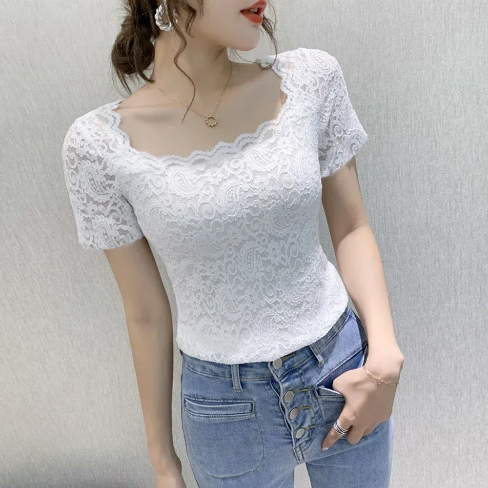 Square Collar Short Sleeve Top Fashion Female Blouses Shirt Persian Pattern Lace T Shirt Women Stretch Knitted Blouse X-G-Xinde