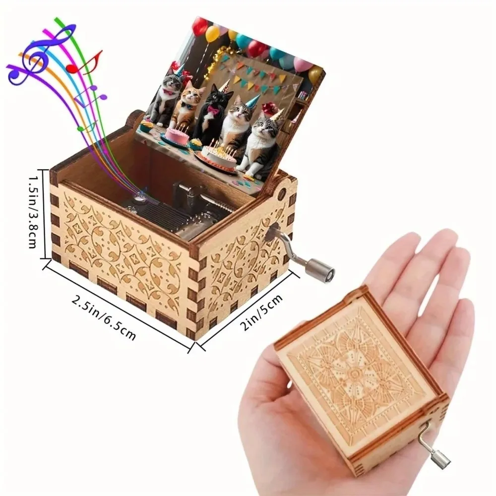 Cat Pattern Wooden Music Box Happy Birthday Hand Crank Carved Musical Box Classical No Battery Needed Hand Crank Music Box