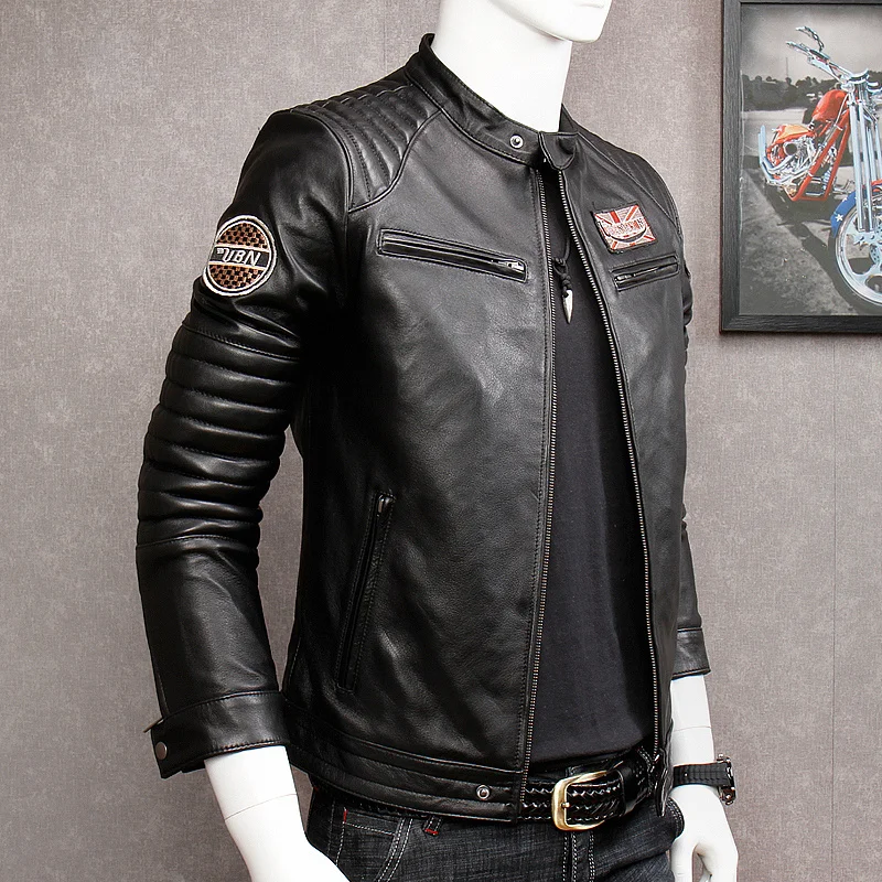 

Motorcycle Leather Jacket Men's Real Leather Slim Short Biker Coat Autumn 100% Sheepskin Genuine Leather Jacket Men Large Size