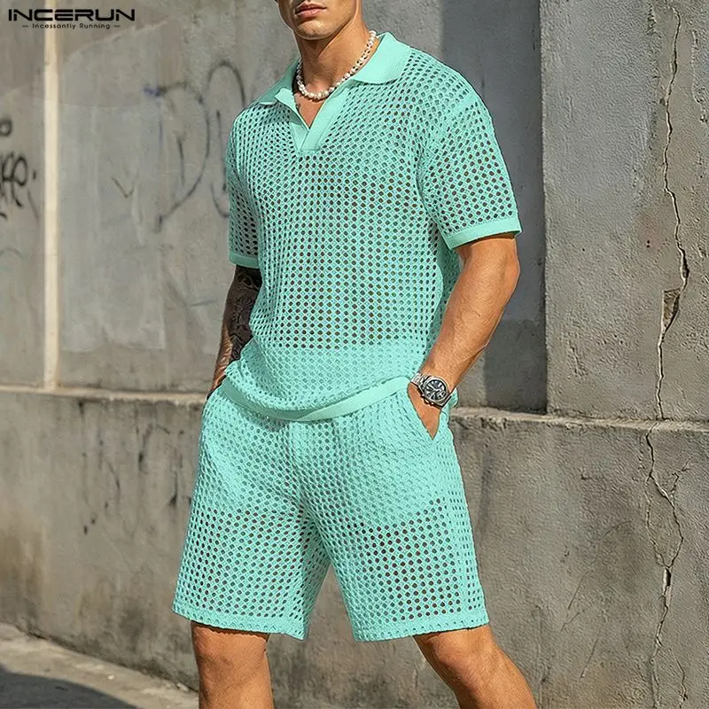 

INCERUN Men Sets Hollow Out See Through Lapel Short Sleeve T Shirt & Shorts Two Piece Sets Streetwear Fashion Men Matching Sets