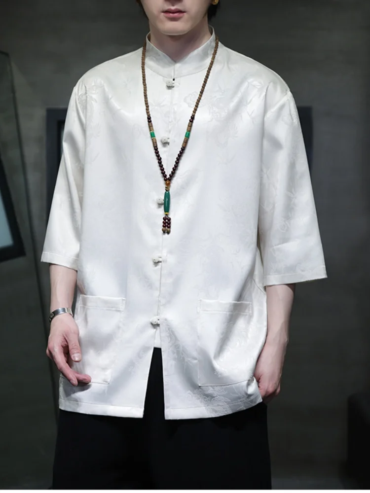 

New Chinese Sle Men's irt Thin Five-Sve Embroidered Buttoned Tang Costume Modified Hanfu Summer Ice Silk ort Sve ...