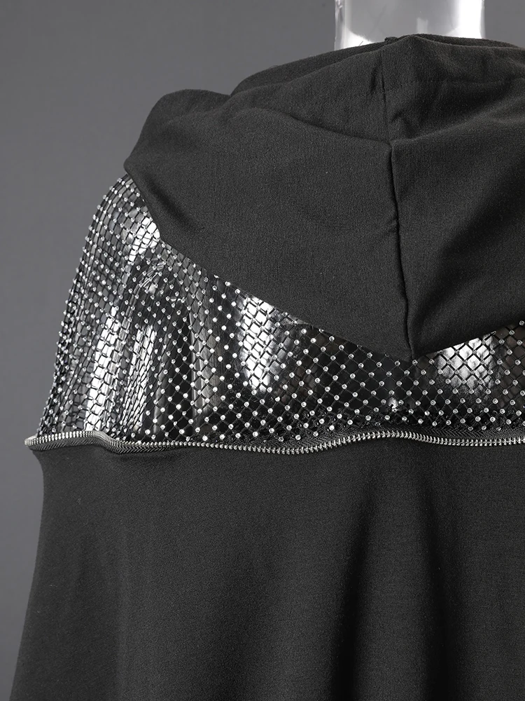 [EAM] Black Grid Hollow Out Big Size Casual Sweatshirt New Hooded Long Sleeve Women Fashion Tide Spring Autumn 2026 CPG6782