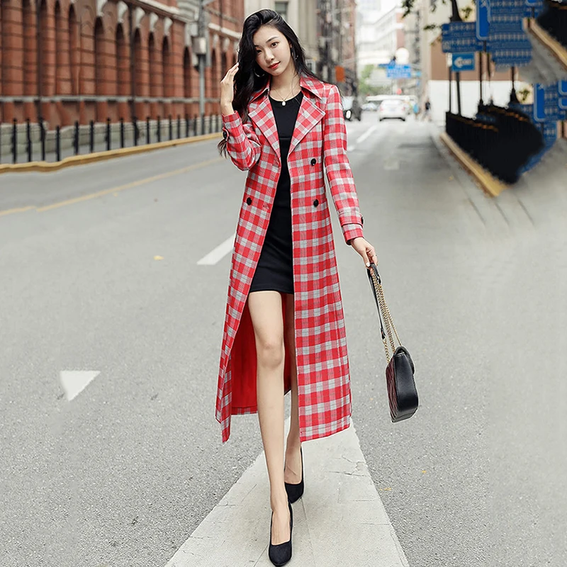 

Spring Autumn New Fashion Long Coats Temperament Women's Windbreaker Double-Breasted Tie Plaid Red Trench