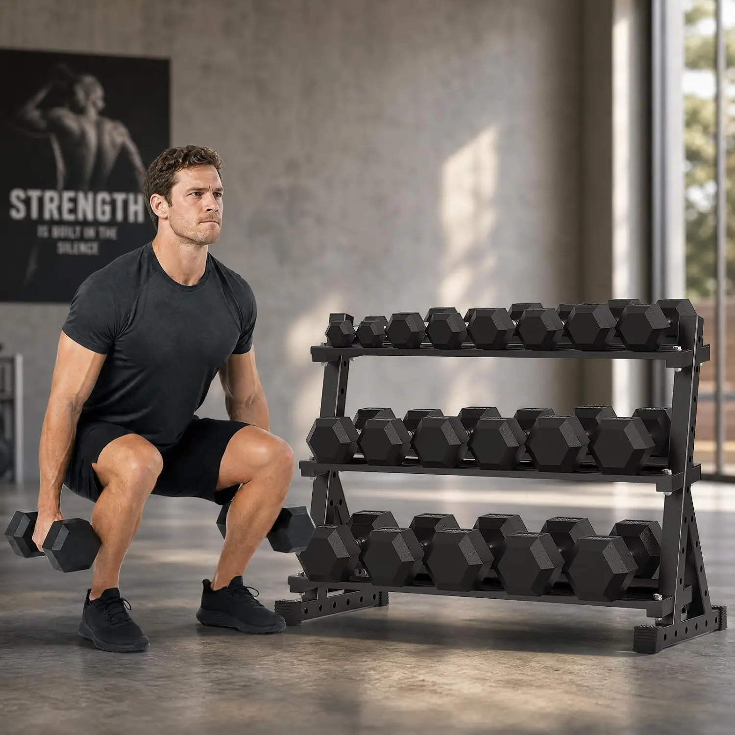 Rubber Coated Hex Dumbbell Set with Rack, 300-840 lb, Customized