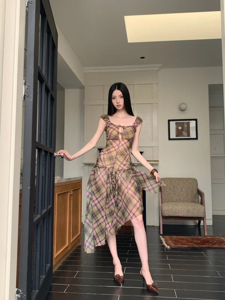 Summer Plaid Chiffon Chic Backless Sexy Sling Dress Women Elegant Bandage Casual Dress 2026 Korean Bodycon Luxury Evening Dress