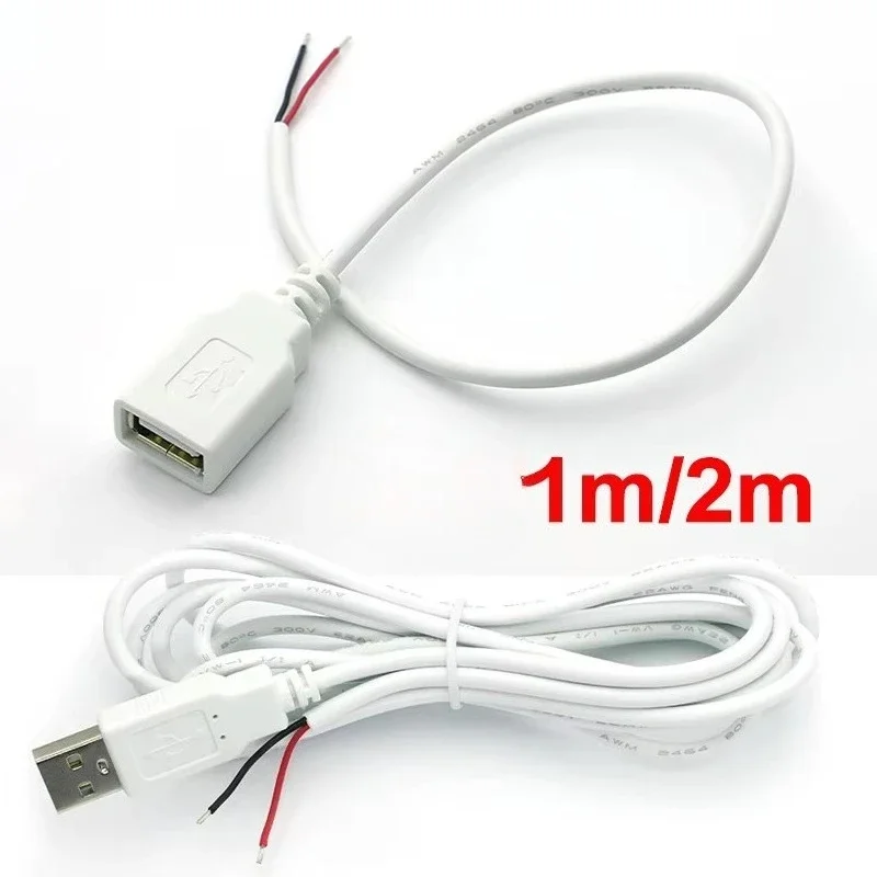 0.3m/1m/2m USB Power Supply Cable 2 Pin USB 2.0 A Female Male Charger Charging Cord Extension Connector DIY White Wire