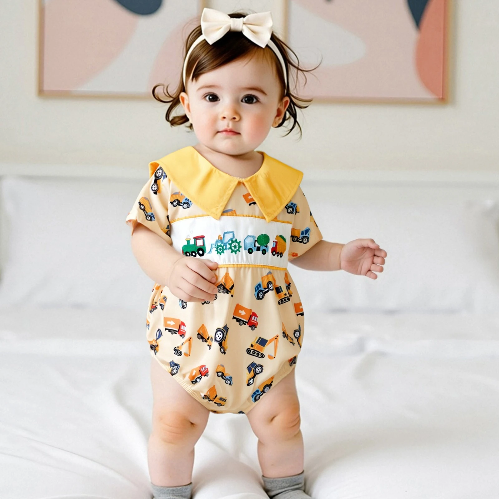 

Baby Clothing Girl Doll Collar Romper Summer Short Sleeve Cartoon Dinosaur Embroidered Jumpsuit