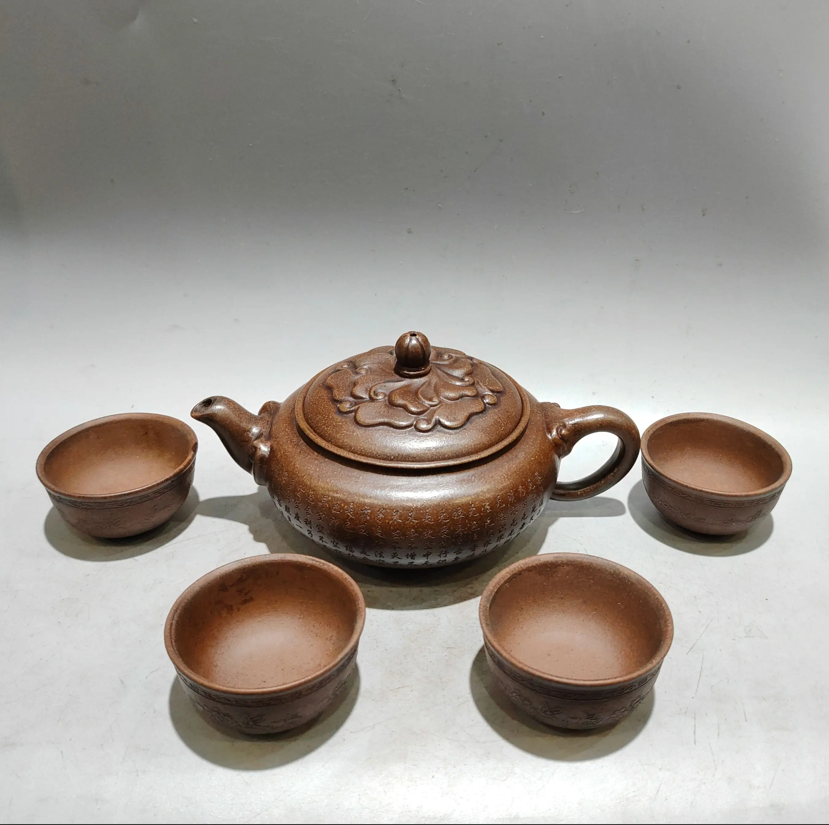 Folk Yixing Purple Clay Teapot Lotus cover Engraved pattern Buddha Lotus Pot 4 tea cups A Set kettle Ornaments Gather fortune