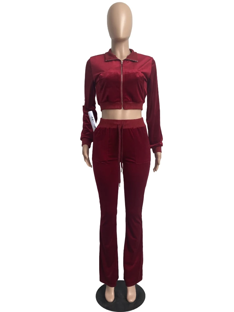 EOENKKY-Conjunto de dos piezas de terciopelo liso para mujer, Top sencillo informal con cremallera de manga larga y cuello alto + pantalones de pierna ancha ajustados de encaje vendaje