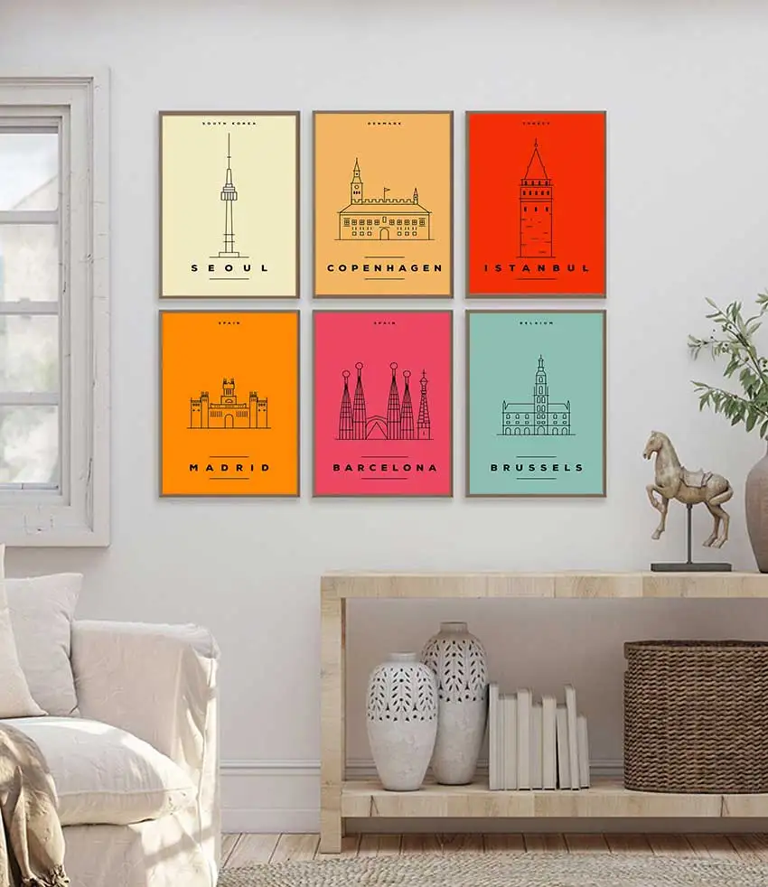 Classic Simple Abstract Line Draw of World Famous Buildings Poster Canvas Painting Print Art Pictures Home Room Wall Decor Gift