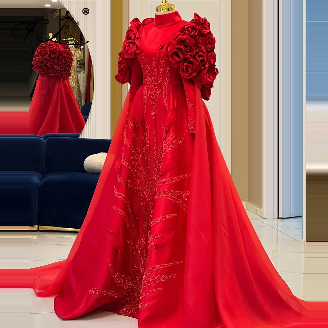 Red A-Line Satin Evening Party Dresses 2025 Muslim Wedding Party Dress with Flowers Full Sleeved Arabic Gowns Customized