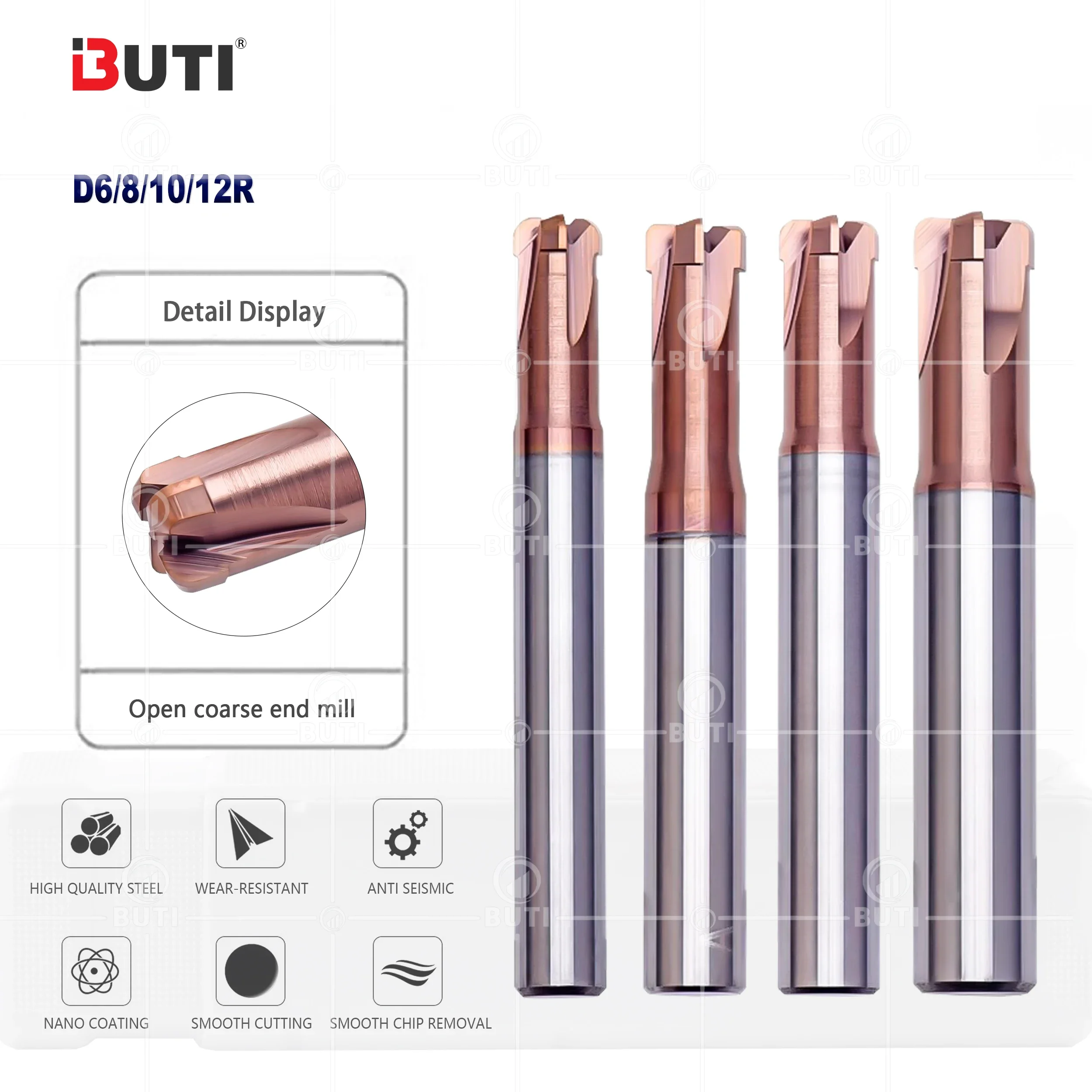 

D6/8/10/12R CNC Machining Center Open Coarse End Mill D6R1.5H2.5-M9.5 D12R2.0H5-M19 Quenching Fast Feed Tungsten Steel End Mill