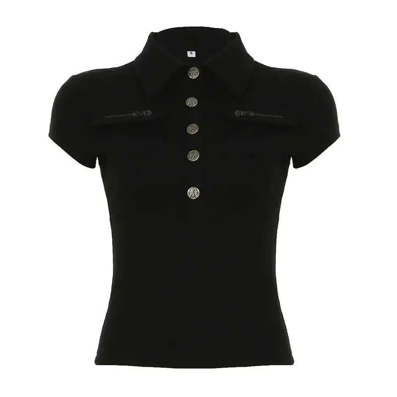 Women Pocket T-shirt American Street Side Pockets Polo Collar Short Casual T-shirt Motorcycle Breasted Workwear Jacket