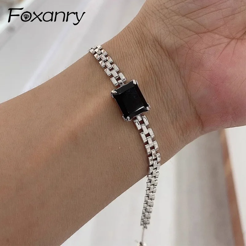 Foxanry Silver Color Geometric Chain Black Zircon Bracelet For Women Couples Fashion Casual Personality Birthday Jewelry Gifts