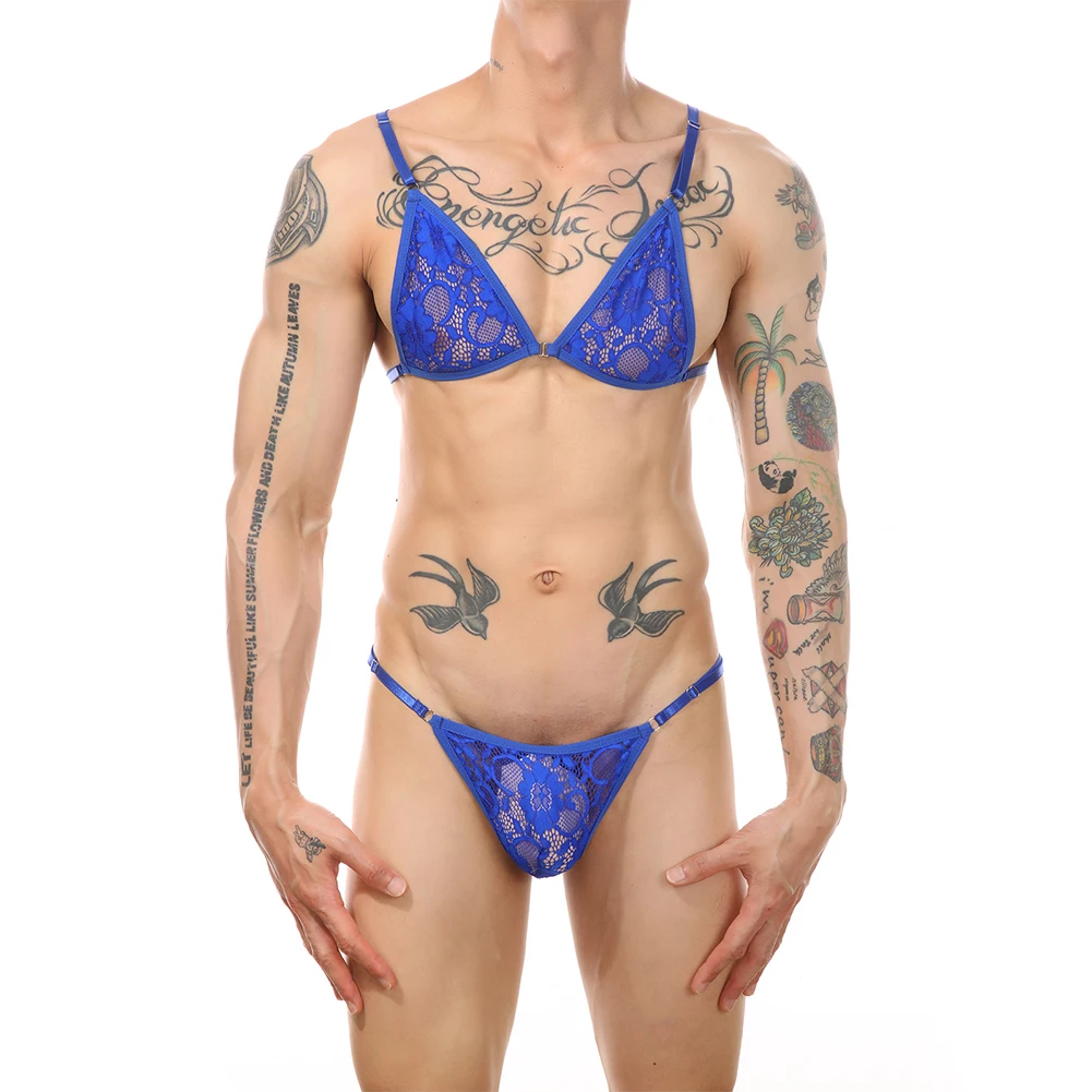 Mens Bra Thong Sex Love Underwear Sissy Sexy Lace Lingerie Briefs Underpants Adjustable Bra See Through Gay Erotic Bodysuit
