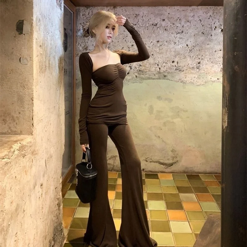 Women's Y2K Three-Piece Set with Flared Pants - Vintage Ruched Top & High Waist Bell Bottoms, Sexy Edgy Streetwear Spring Autumn