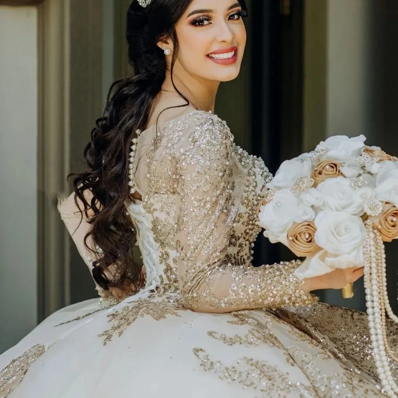 Prinses Quinceanera Jurken Baljurk Lange Mouwen Appliques Parels Sweet 16 Jurken 15 Años Mexicaans