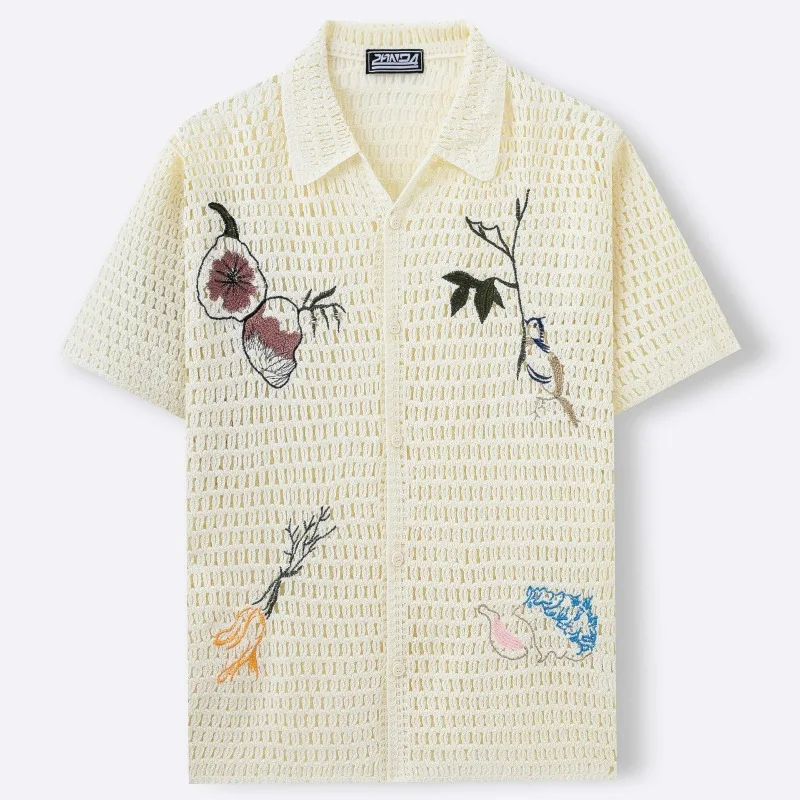 KIDWHXR Summer Men Top Thin Breathable Printed Hole Knitted Male T-shirt Single-breasted Short Sleeve Casual Man Polo-shirt