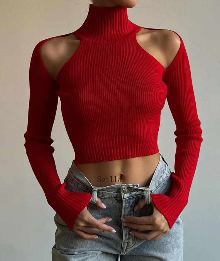 Fashion Ribbed Knit Cut Out Tops Elegant Long Sleeve Sexy Slim Turtleneck Autumn Tops Tees Pullovers Streetwear Women Clothing