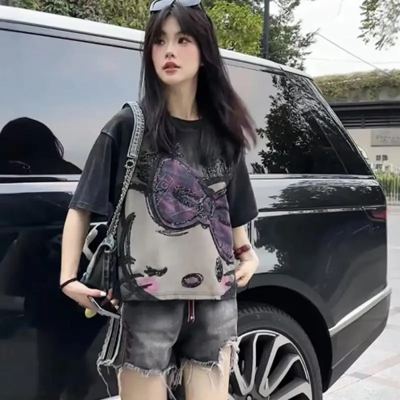 

Anime Hello Kitty Girls Short Sleeve Y2K Cartoon Cute Summer Sweet Cotton Women T-Shirt Kawaii Casual Loose Trend Tops Gift