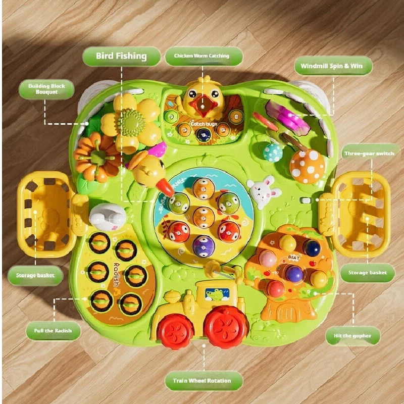 Multifunctional Game Table Interactive Learning Toy Pull Radish Fishing Bug Catching Whack A Mole Educational Activity Play Set