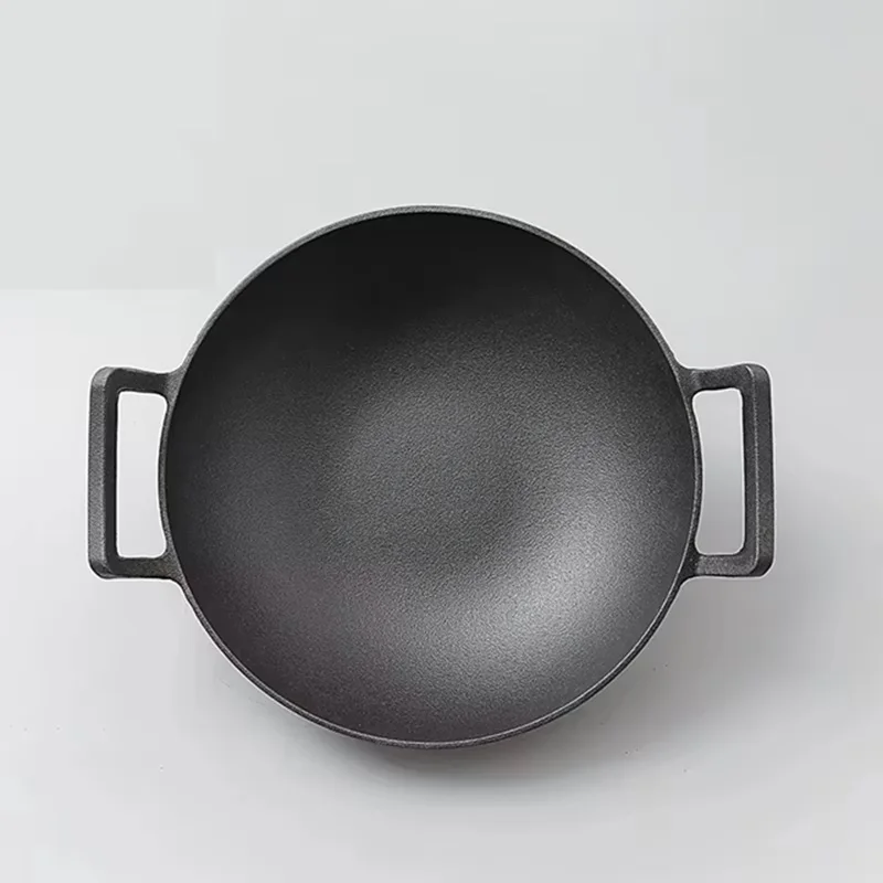 Flat bottom cast iron wok no coating chinese wok very heavy outdoor wood-fired pot double handle