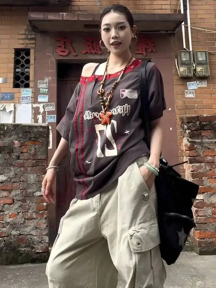 

Women's American Jersey Style Off Shoulder Short Sleeve T-Shirt Summer Color Block Patchwork Loose Y2K Top