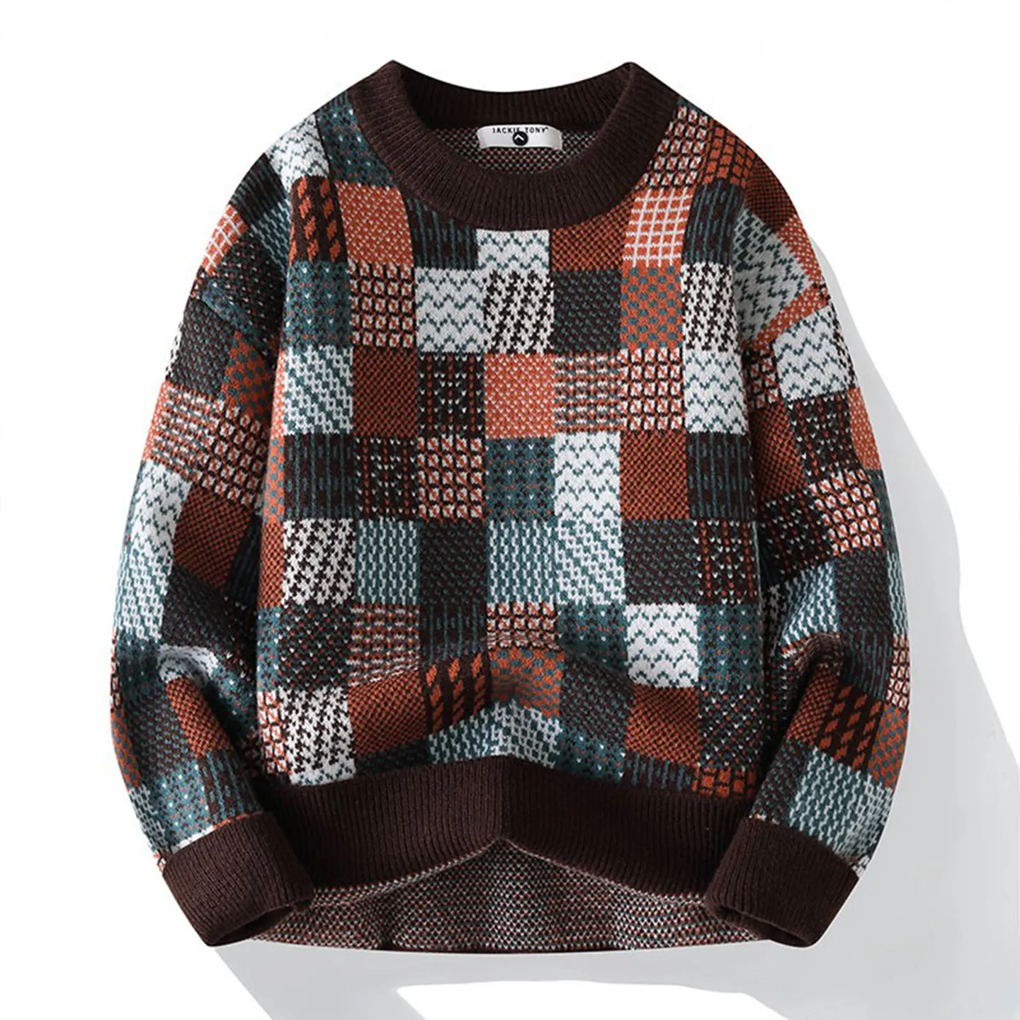 

Fall Winter Knit Sweater Men Color-Block Geometric Patchwork Jumper Oversized Campus Casual Pullover Thick Gauge Knitwear