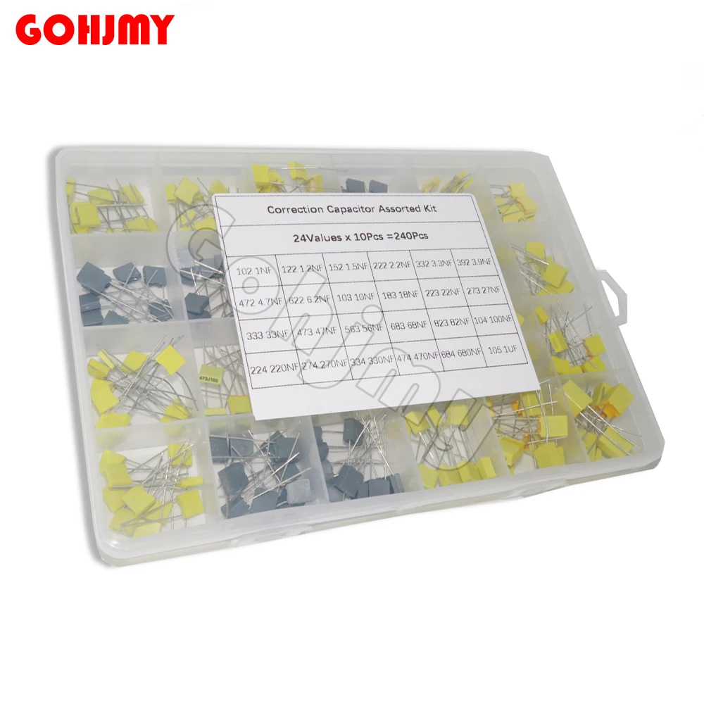 24 Values*10PCS Correction Capacitor Kit 63V-100V 102J-105J Polypropylene Safety Plastic Film Capacitors 240PCS in stock New