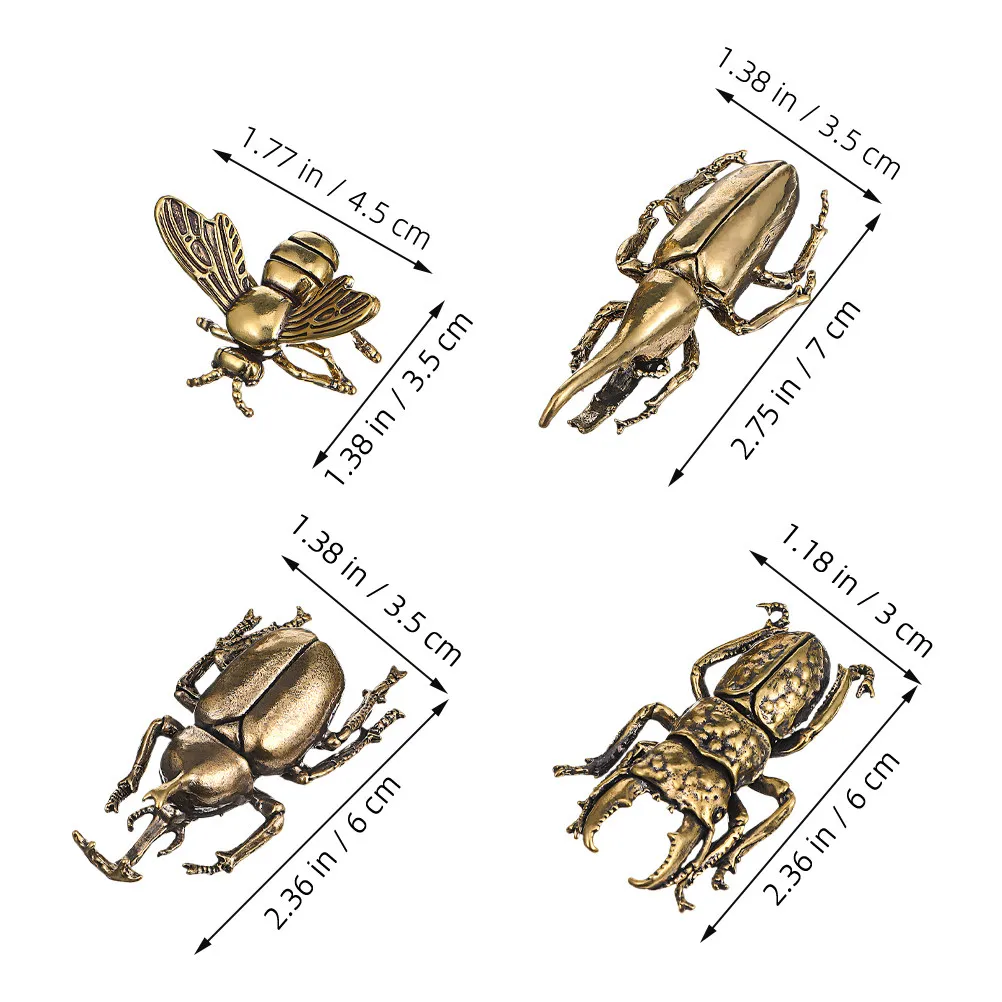 4Pcs Vintage Brass Bee Beetle Ornaments Retro Insect Sculptures for Home Desk Shelf Decorative Display Bee Decorations for Home