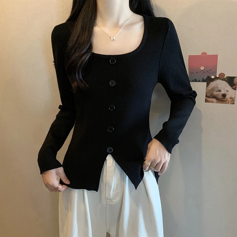 

Корейский вязаный свитер большого размера с квадратным воротником, длинный све, верхняя основа irt, модный молодежный сплит-дизайн, лето