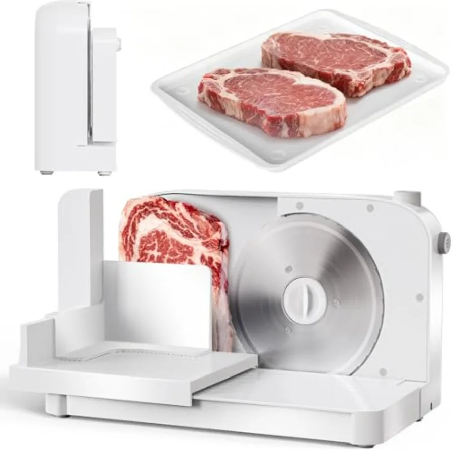 

Складная электрическая мясорезка 150 Вт с 6,7-дюймовым съемным лезвием из нержавеющей стали и поддоном, регулировка толщины 0-15 мм, двойная система безопасности