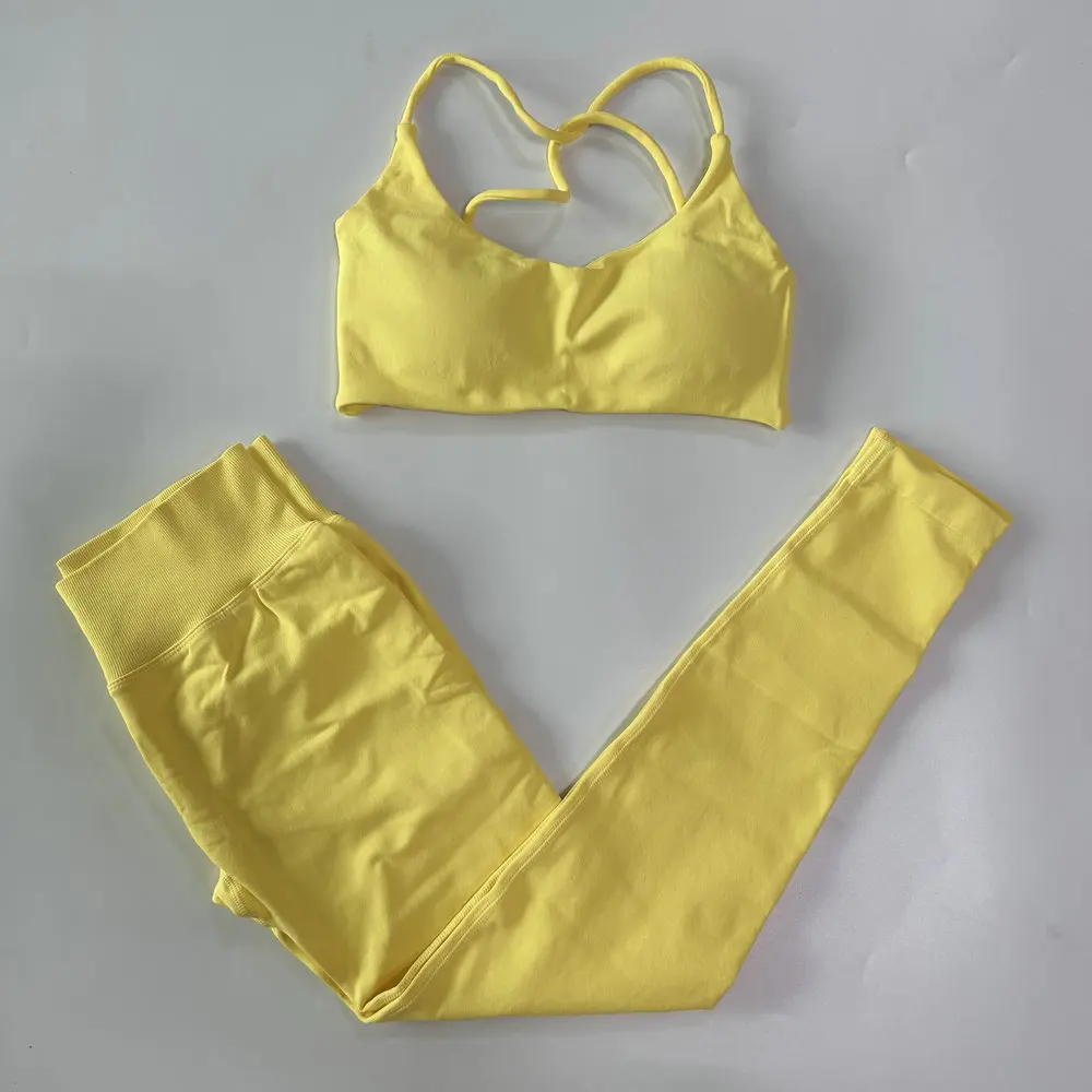 2-teiliges Sport-Set für Damen, nahtloser Yoga-BH mit Riemchen am Rücken, mittlerer Halt, Yoga-Leggings mit hoher Taille, Scrunch-Gym-Hose, Fitness-Strumpfhose – Detail 16