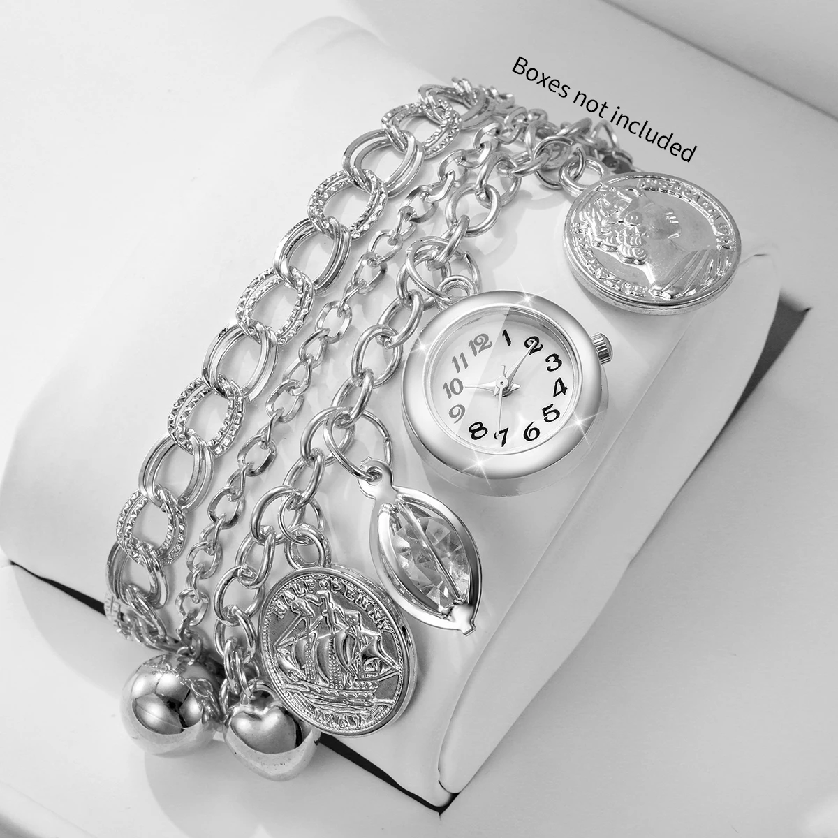 Fashion Women Silver Multi‑Layer Bracelets Watch Coin Bell Crystal Charm Ladies Quartz Wristwatches Relogio Feminino（Without Box