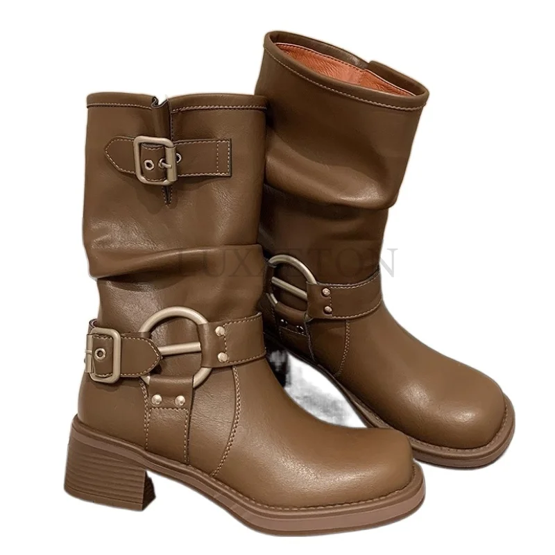 Mid Calf Women\'s Motorcycle Boots Street Style Woman Punk Winter Boots Leather Riding Equestrian Boots with Buckle Botas Mujer
