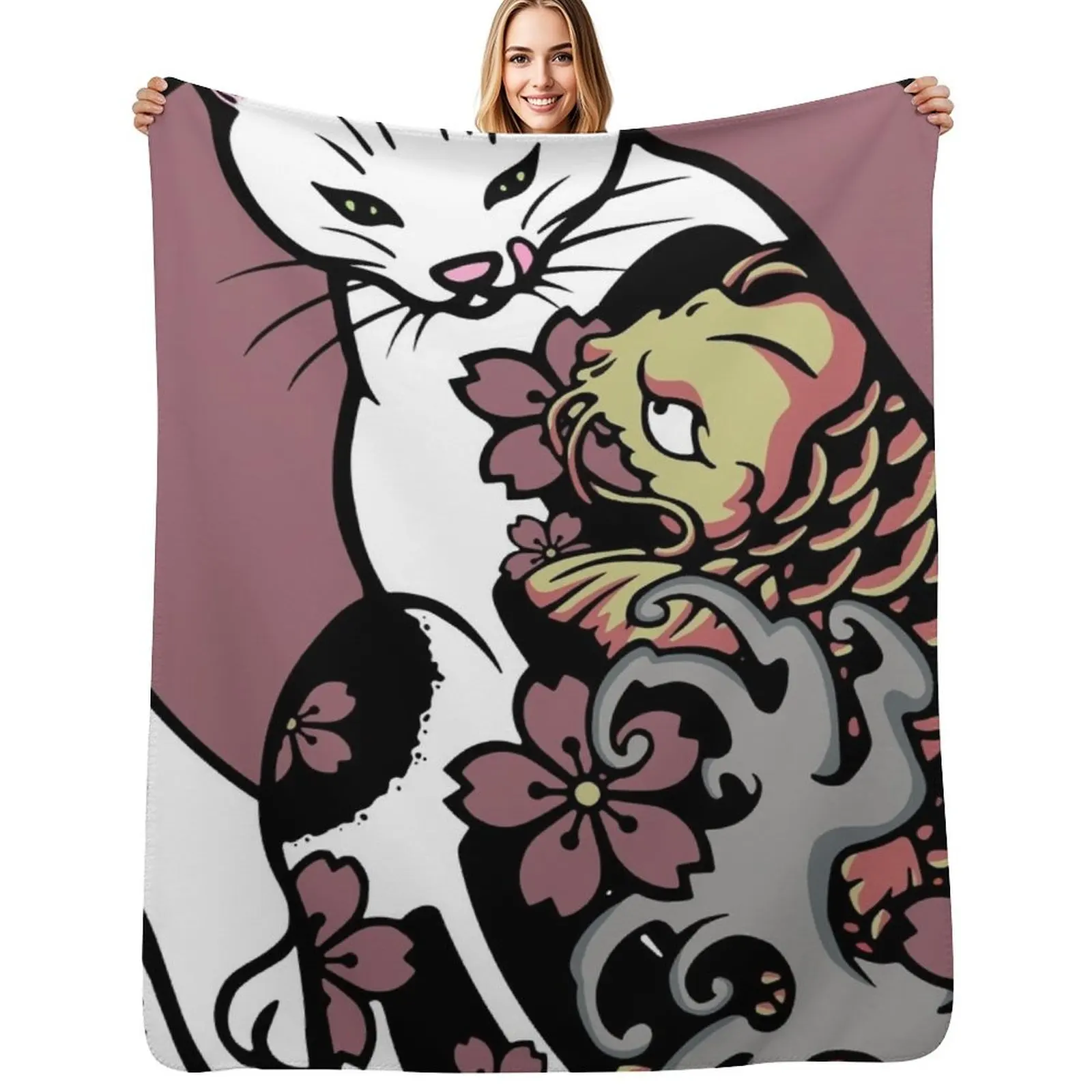 

Monmon cat - Cat with japanese tattoo -Ko Fish Throw Blanket For Baby Kid'S Shaggy Luxury Designer Blankets