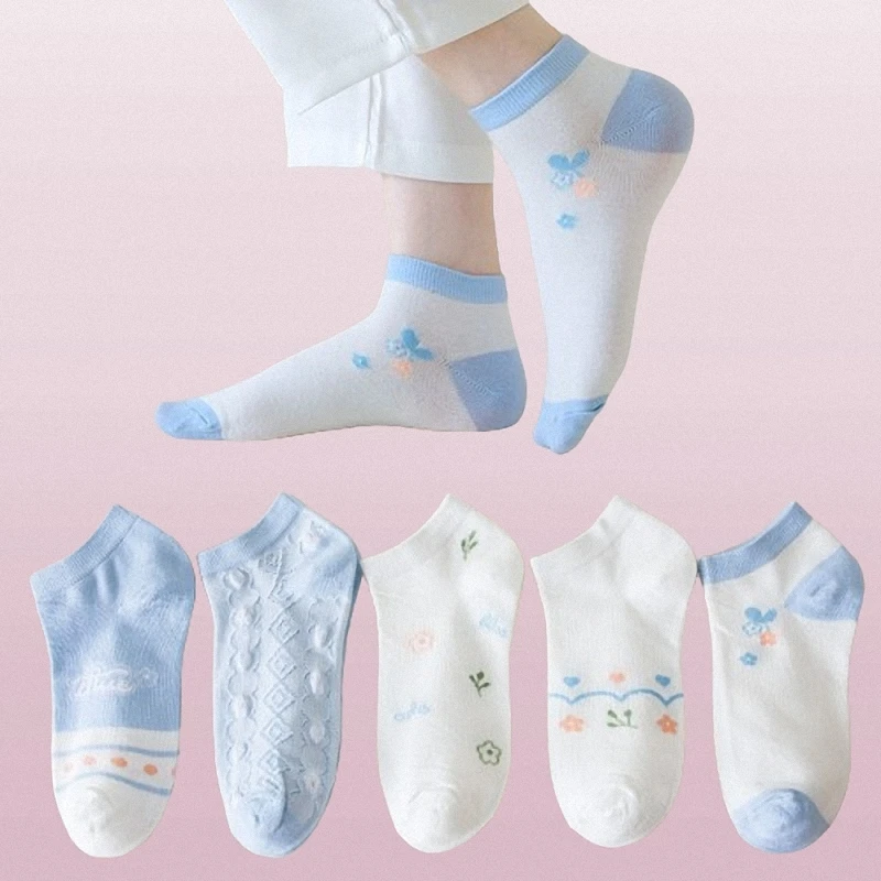 Chaussettes courtes invisibles pour femmes, confortables, respirantes, petites fleurs fraîches, bouche peu profonde, bateau, coupe basse, filles, dames, 5/10 paires