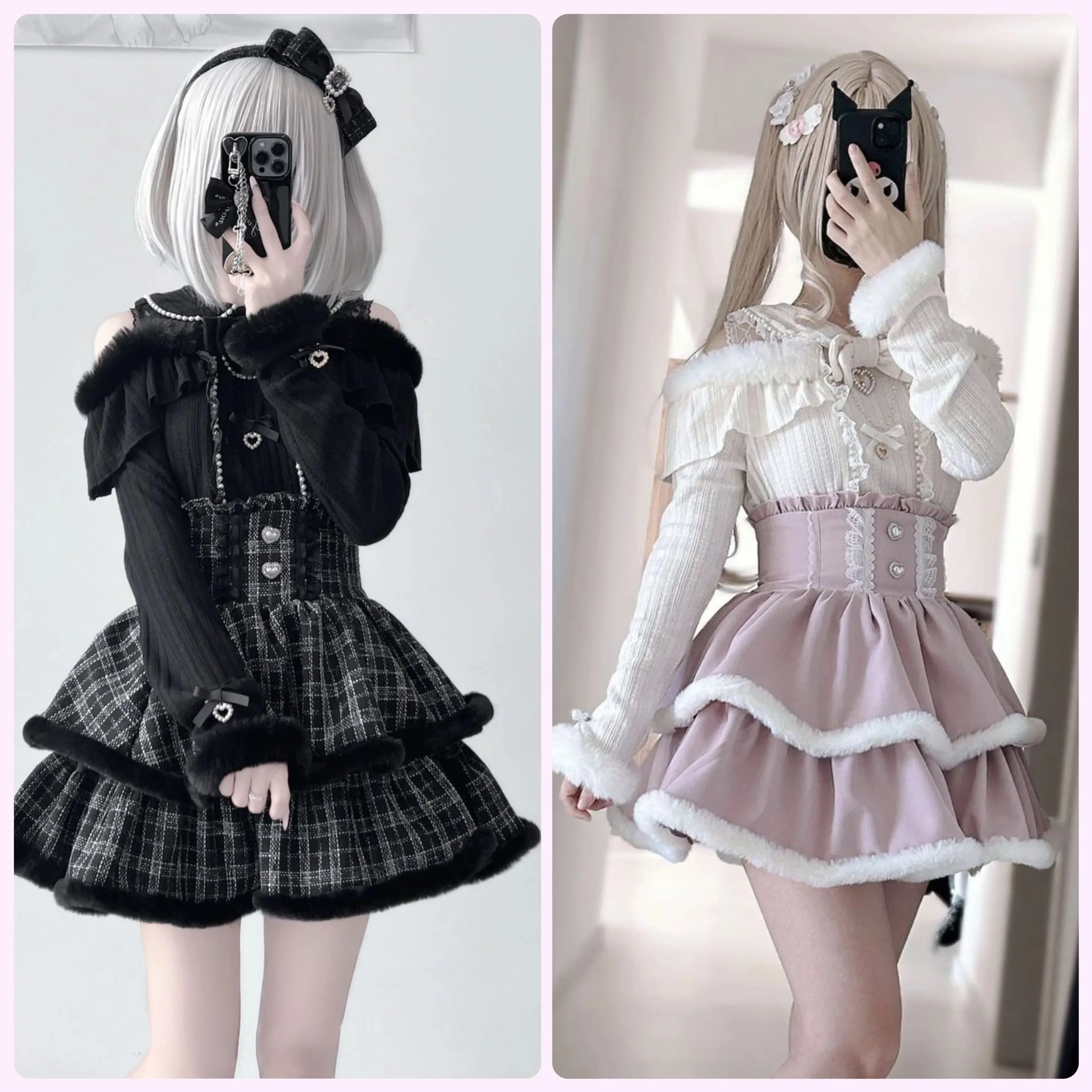 Japanese Subculture Lolita Sweet Mass-Produced Kawaii Y2K Jirai Kei Knitted Blouse Plush Top Plaid Skirt