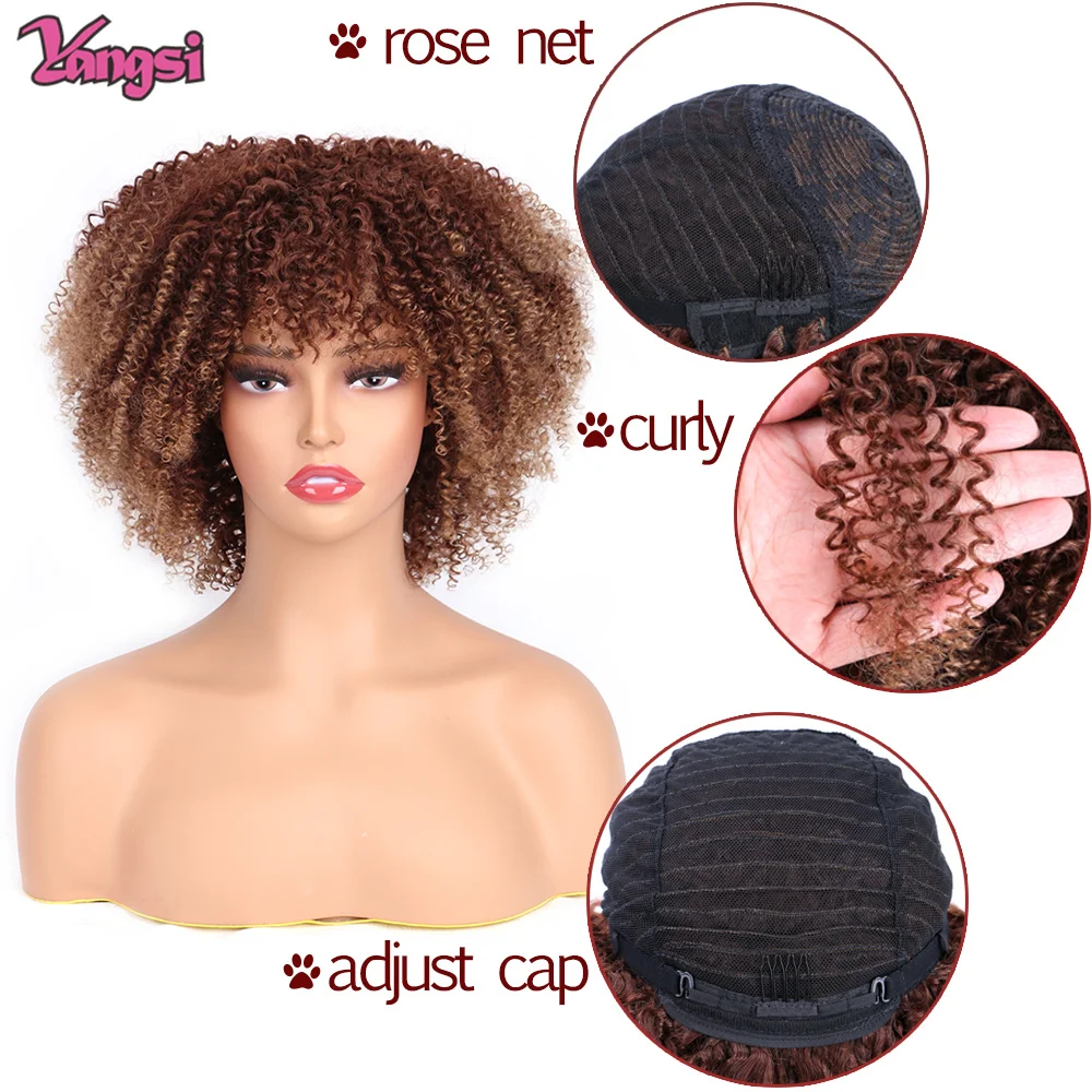 Perruques synthétiques courtes bouclées pour femmes noires, perruque afro avec frange, blonde ombrée, marron, perruque afro crépue bouclée, utilisation quotidienne, 6 po