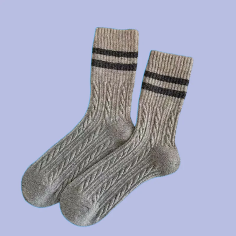 Chaussettes mi-mollet à double barre rayée japonaise pour femmes, chaussettes rétro Pys, marron, chaud, torsadé, optique, automne, hiver, nouveau, 5/10 paires