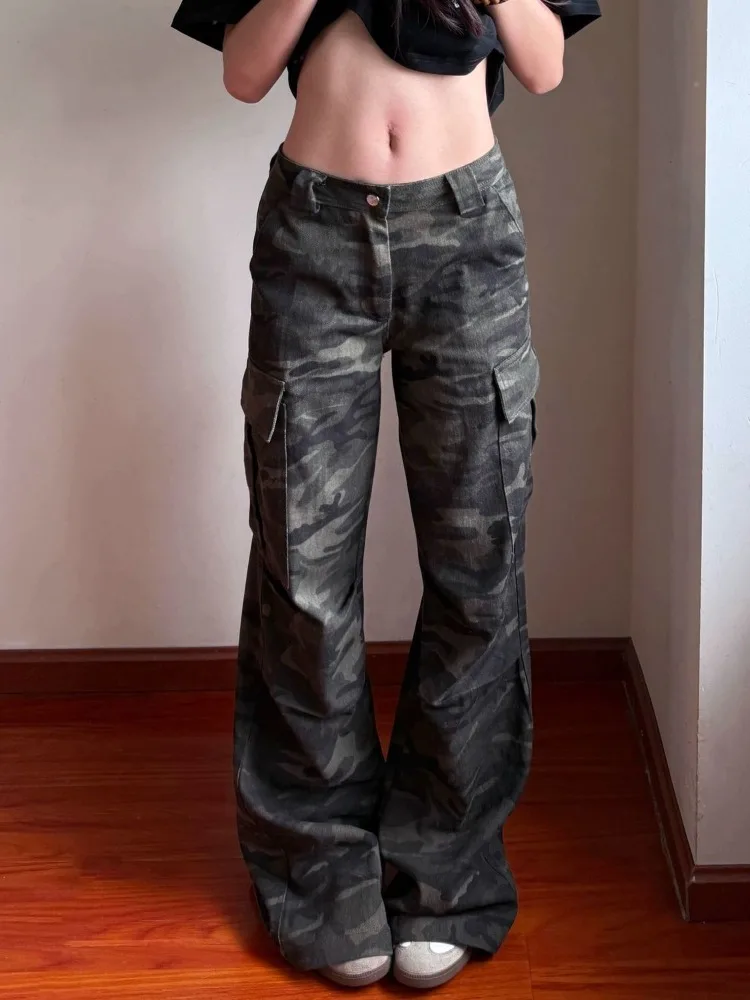 

American Vintage Camouflage Jeans for Women Summer High Waist Denim Pants for Women 2025 New Loose Straight Wide Leg Pants