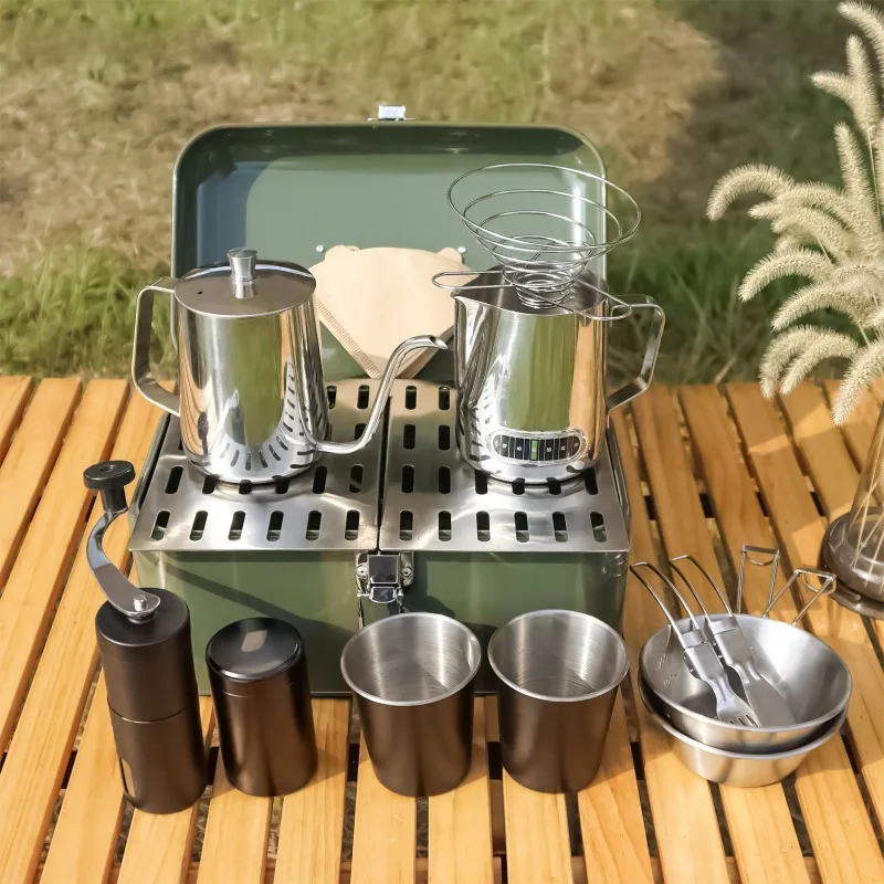 

Camping hand brew coffee pot set wholesale stainless iron coffee utensils portable travel equipment hand brew coffee set