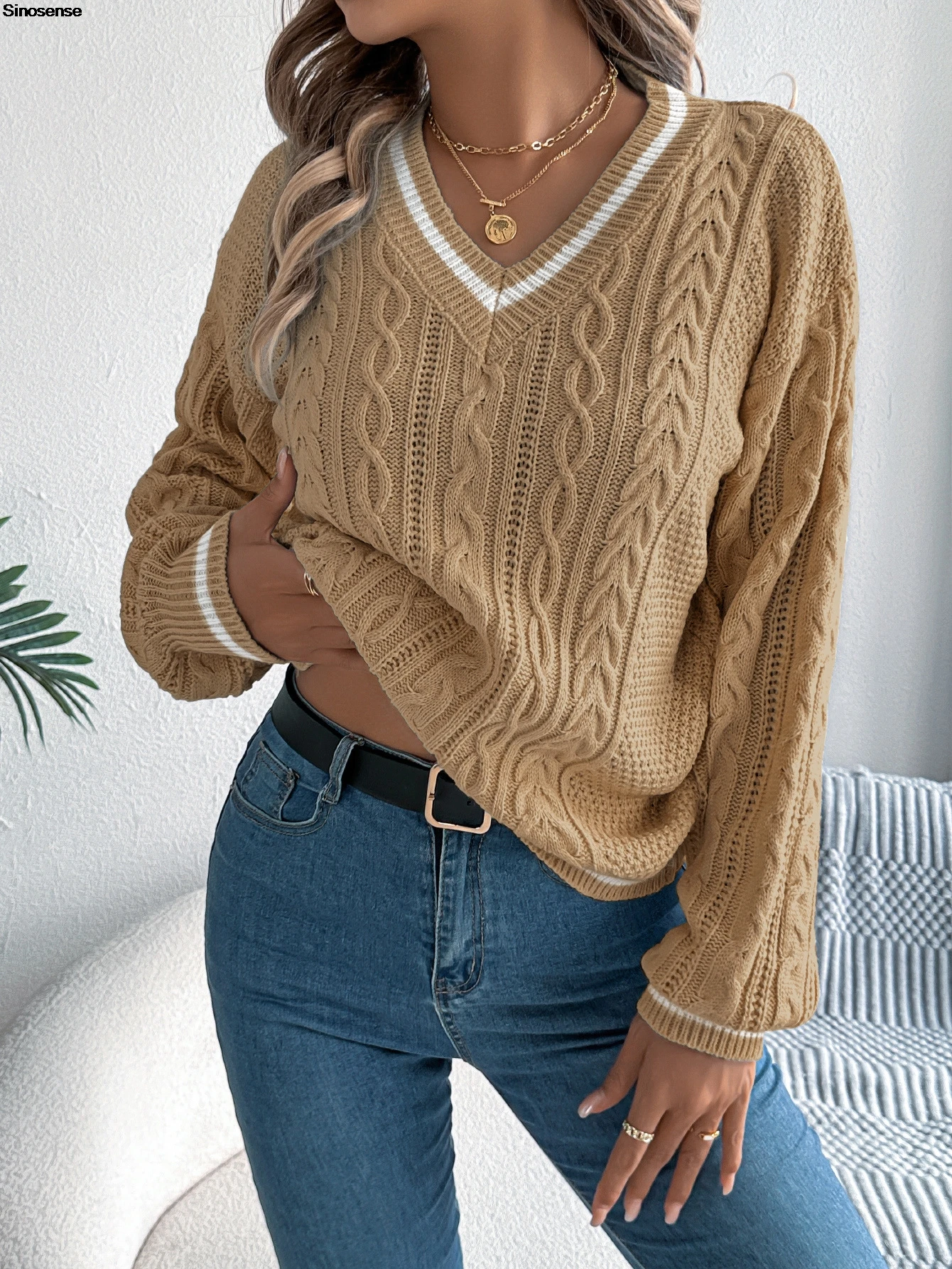 

Women Autumn Winter Sweaters Color Block V Neck Long Sleeve Pullover Ribbed Knit Tops Casual Daily Work Office Date Fall Sweater