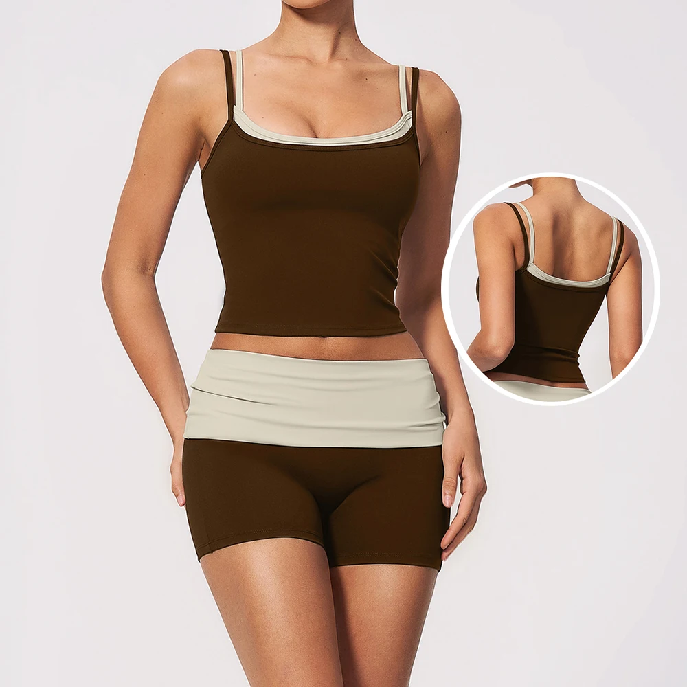 2 Piece Yoga Set Women Gym Clothing Fitness Suit Sports Crop Top Folding Waist Yoga Shorts Soft Stretchy Pilates Workout Outfits