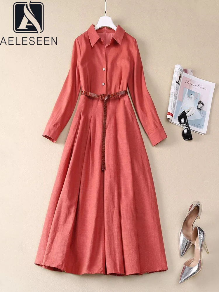 AELESEEN Office Ladies Shirt Dress Women Autumn Winter Full Sleeve Butterfly Button Leopard Belt High Street Elegant Long Party