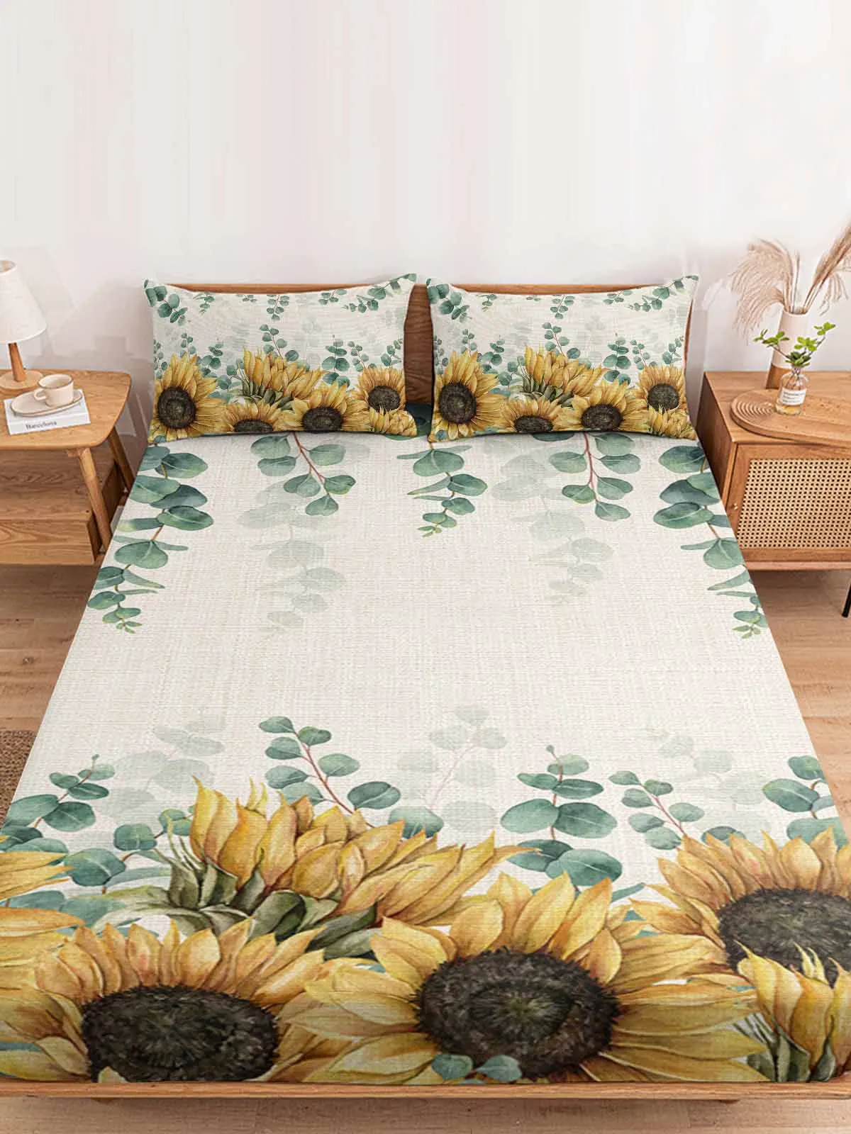 Eucalyptus Idyllic Leaves Sunflower Fitted Sheet with Elastic Bands Non Slip Adjustable Mattress Covers For Single Twin King Bed