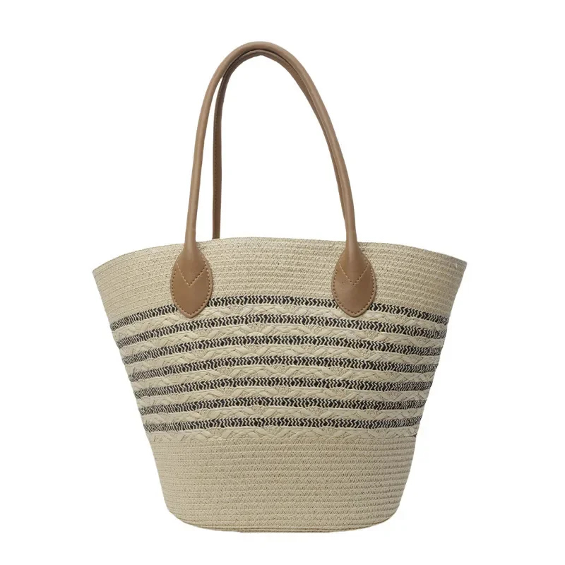 Striped Woven Straw Beach Tote Bag Large Capacity Nail Detail Shoulder Bag for Women Seaside Vacation Vegetable Basket view 5
