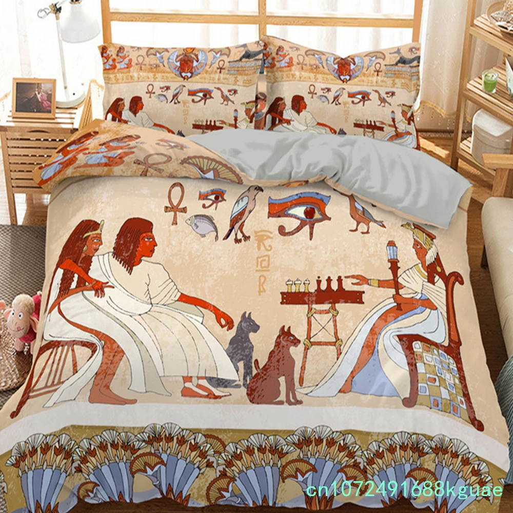 Egyptian Bedding Set Exotic Tribal Retro Theme Ancient Egypt Civilization Characters Duvet Cover Boho Animals Floral Pillowcases