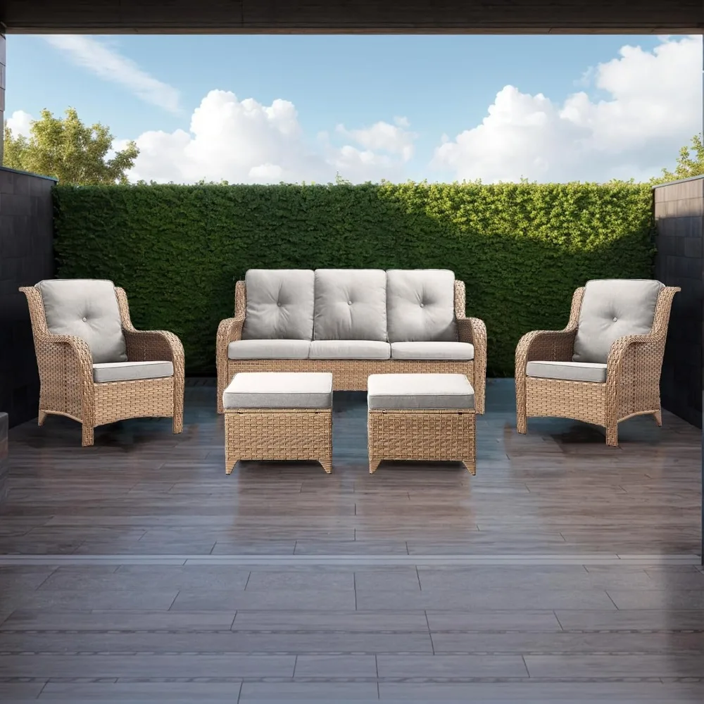 

Outdoor Patio Wicker Furniture Set - 5 Piece Rattan Patio Conversation Sectional Sofa Set with 1 Couch, Garden Furniture Sets